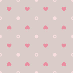 Vector. seamless pattern. light pink dots, donut circles with dark pink hearts on light brown background.