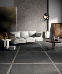 Modern interior design, room with gray tiles, seamless, luxurious background.