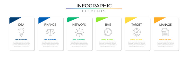 Horizontal row business roadmap infographic elements plan concept design vector with icons. Six timeline network project template for presentation and report.