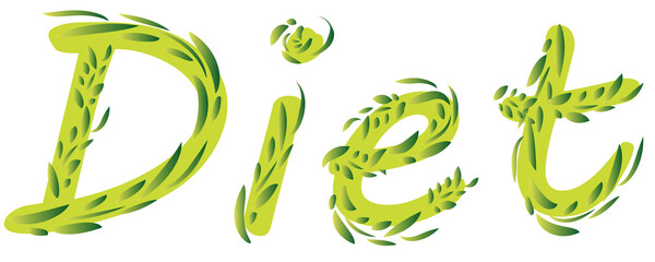 Lettering diet, a word made of green letters decorated with leaves. Vector image, the word diet on a white background.