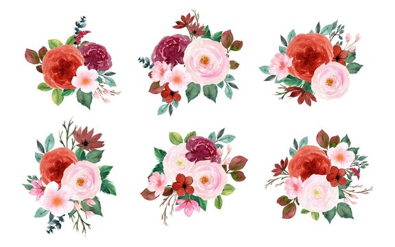 Lovely Red And Pink Watercolor Floral Bouquet Collection