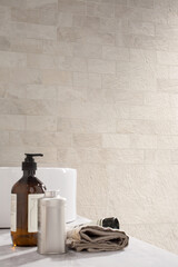 Modern interior design, bathroom with cream tiles, seamless, luxurious background.