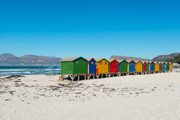 Colorful wooden beach cabins of Muizenberg beach near Cape Town, Western Cape province, South Africa.