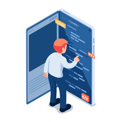 Isometric Businessman Editing Code Behind Social Media