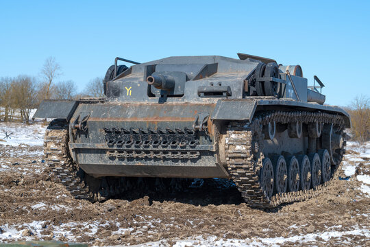 KRASNOE SELO, RUSSIA - MARCH 22, 2021: Sturmgeschutz III (StuG III) - the middle German self-propelled artillery installation of the Second World War