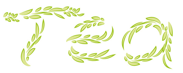 Lettering tea from green leaves on a white background, decorative letters. The word is suitable for the design of advertising, packaging, tea shop, logo, drinks menu