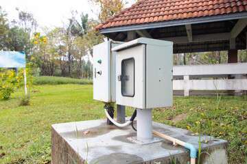Temporary electrical control box outdoor for small business. Equipment distribution electric small. Power button to distribute electricity supply. Main substation, Clipping path, Circuit Breaker.