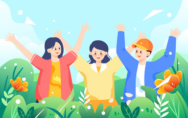 Young people are jumping, May 4th youth festival characters vector illustration