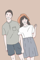 Fototapeta premium Cute Couple Happy Love Together Boyfriend and Girlfriend Women Men Girl Pastel Color Fashion Clipart Doodle Line Art illustration