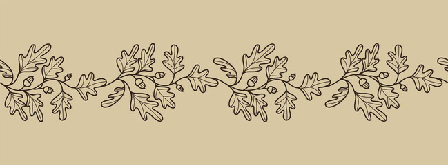 Horizontal banner with acorns and oak leaves. Decorative seamless border with plant elements. Elegant botanical pattern for invitations, greetings, cards, covers, packaging, posters. Vector - obrazy, fototapety, plakaty