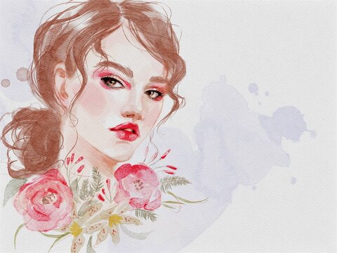 watercolor illustration girl with flowers in a watercolor style 