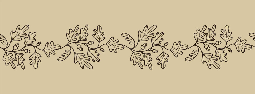 Horizontal banner with acorns and oak leaves. Decorative seamless border with plant elements. Elegant botanical pattern for invitations, greetings, cards, covers, packaging, posters. Vector