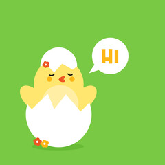 Cute vector cartoon style illustration with baby chicken hatching from the egg and saying hi, hello.
