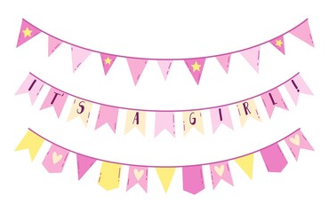 A set of colorful garlands for the birth of a girl. It's a girl text. Vector design elements for baby shower invitations, posters or banner