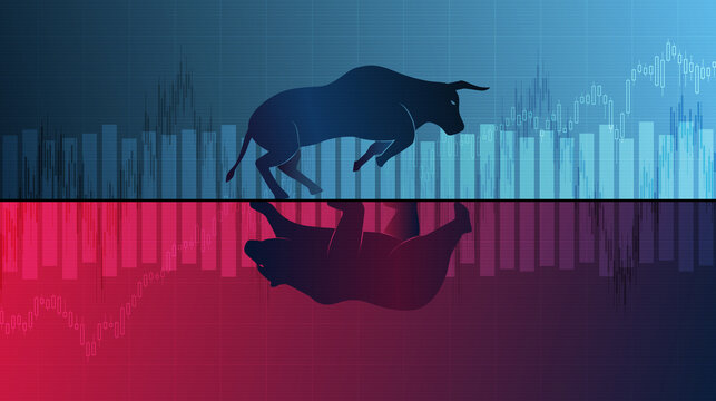 Abstract financial chart with bull and bear in stock market on neon color background