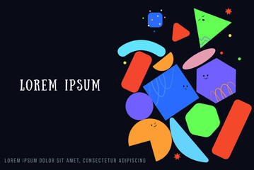 Abstract background with bright cartoon geometric shapes. Colorful flat illustration.