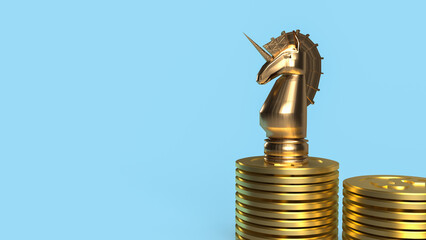 The unicorn and gold coins for start up or business concept 3d rendering