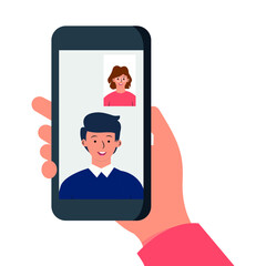 Video call with a friend. Communication at a distance, talking on the phone. Colorful flat illustration