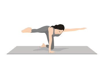 Fototapeta premium Awkward Airplane Balance Pose. Beautiful girl practice Awkward Airplane Balance Pose. Young attractive woman practicing yoga exercise. working out, black wearing sportswear, grey pants and top, indoor