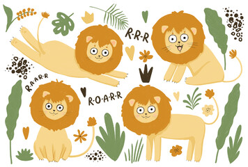 African animals, lions. Doodle style, flat cartoon safari animals set. Isolated elements on a white background. Children's cartoon drawing.