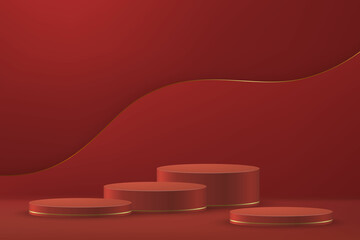 3d realistic podium or pedestal on red luxury background.