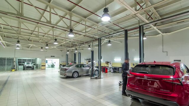 Cars moves on lifts in modern service station and men repair cars timelapse hyperlapse.