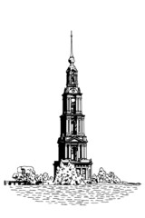 Vector illustration with silhouette of The Kalyazin Bell Tower. Black and white sketch of Flooded Belfry.