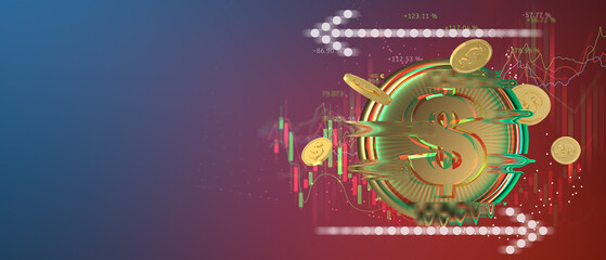 digital golden money coin technology worldwide transfer in the future world business with Stock market or forex trading graph and copy space 3d illustration. cyberpunk style
