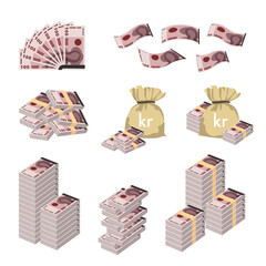 Norwegian Krone Vector Illustration. Huge packs of Norway money set bundle banknotes. Bundle with cash bills. Deposit, wealth, accumulation and inheritance. Falling money 100 kr