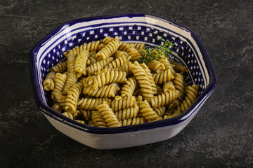 Italian pasta Fusilli with pesto