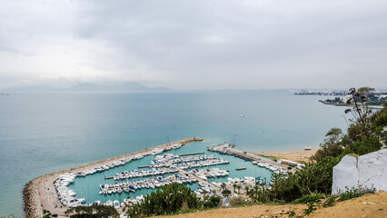 Coast view of Sidi Bou Said, Mediterranean town in northern Tunisia located about 20 km from the capital, Tunis