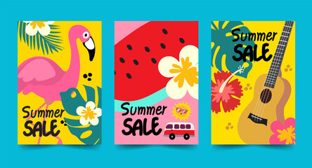  summer sale postcard set poster concepts design flamingo watermelon ukulele