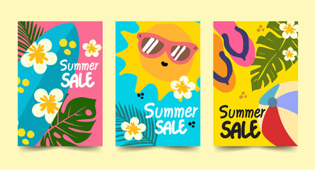 Fototapeta na wymiar summer sale postcard set poster concepts design sun vector surfboard sandals