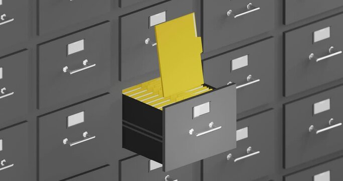 Office locker. 3d animation of an office drawer with important documents. Selection of information files. Sorting documents for work. 4k animation of a metal locker in cartoon style.