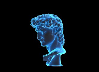 Transparent Hologram of Michelangelo head old classic historian statue sculpture - technological modern futuristic x-ray 3d illustration