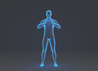 Technological human hologram of a male standing with hands in front of head - 3d anatomy artificial intelligence illustration