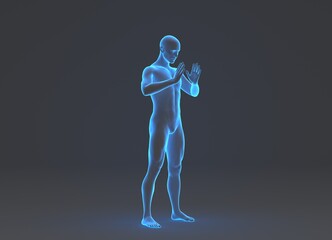 Technological human hologram of a male standing with hands in front of head - 3d anatomy artificial intelligence illustration