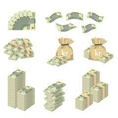 Swedish Krona Vector Illustration. Huge packs of Sweden money set bundle banknotes. Bundle with cash bills. Deposit, wealth, accumulation and inheritance. Falling money 200 kr.