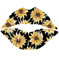 Sunflower lips watercolor illustration