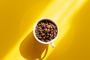 Coffee beans in a white ceramic cup on a yellow background. Hard sun shadows. Top view - 496428162
