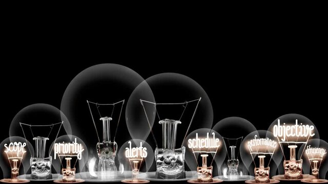 Light bulbs going from dark to light with Time Management, Goal, Objective, Priority and Schedule fiber text on black background. High quality 4k video.