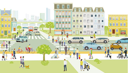 Stadtsilhouette mit Fußgänger auf dem Zebrastreifen und öffentlicher verkehr und Radfahrer, Illustration - obrazy, fototapety, plakaty
