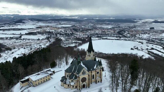 Aerial view of Marianska mountain in Levoca city in Slovakia