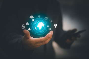 Internet networking, remotely work, data exchange concept. Young using smart mobile phone with internet network connection