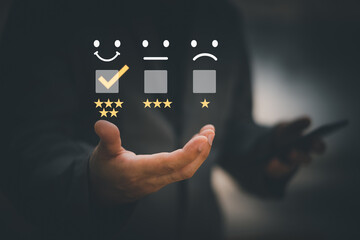 Customer SatisfShows Excellent Service Satisfaction.action Concept, encouragement and five-star satisfaction, Like and Rate Five Stars,