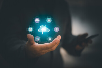 Internet networking, remotely work, data exchange concept. Young using smart mobile phone with internet network connection