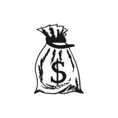 Dollar Money Icon with Bag. hand drawing.