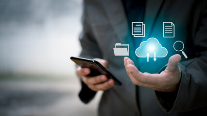 Communications business technology; search; storage with your phone. Person using smartphone with icons; data crown; folders; folders; documents