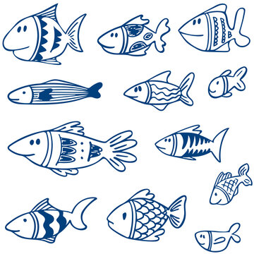Set of blue fishes in doodle ink style. Hand drawn illustration