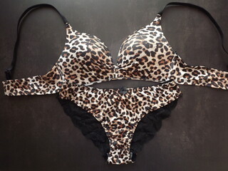 Leopard lingerie Set with lace panties on black Background